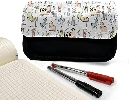 Caixa de lápis de animal lunarável, animais de fazenda estilo doodle, bolsa de lápis de caneta com zíper duplo, 8,5 x