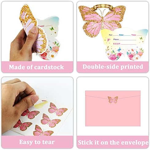 QYEAHKJ 36PCS Butterfly Birthday Birthday Party Invitations Cartões com envelopes adesivos Floral Butterfly Party Party