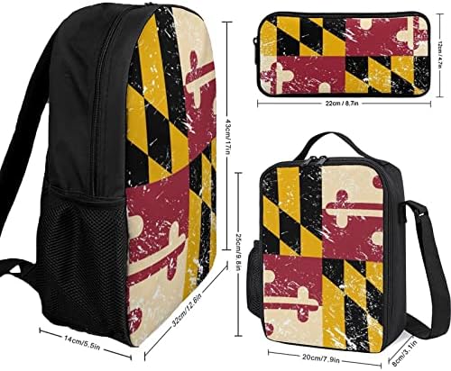 Bandeira do estado de Maryland combinação de mochila de 17 polegadas com lancheira diagonal Caixa lápis 3 peças para