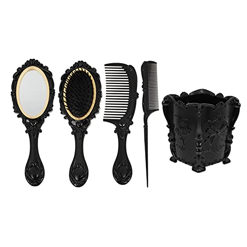 Lurrose Vintage Handheld Mirror Pente Conjunto, 5pcs Vanidade Makeup Mirror Haveshes Desen Deftanging Hair Brush Rat