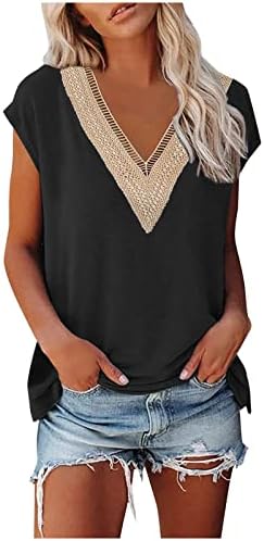 Tampos de verão para mulheres V Cesolo de arco de renda Tees de retalhos de retalhos de impressão floral Blusa de camisas leves