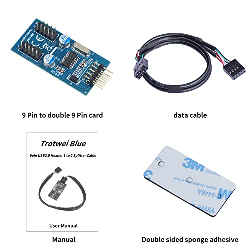 Trotwei Blue 9 pino Cabeçalho USB Male 1 a 2, placa -mãe USB2.0 Splitter de cubo de 9pin, USB 2.0 9 pinos macho 1 em