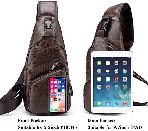 Backpack de couro de couro masculino Bolsa de ombro de peito com porto de carregamento USB para viajar Caminhadas de ciclismo
