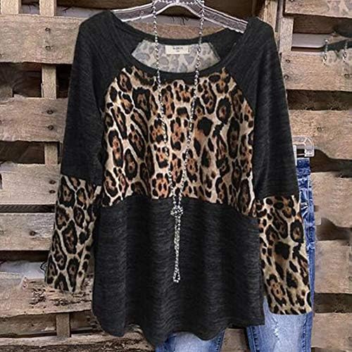 Camisetas de camisa de caminhada Mulheres de costura de pescoço redondo a manga feminina Leopard Long feminino pacote