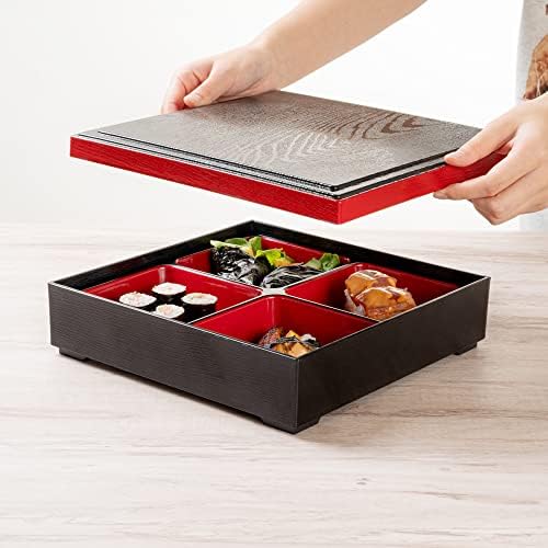 Bento Tek Square Black and Red Japanese Bento Caixa - 4 Compartimentos - 10 x 10 x 2 1/4 - 1 caixa de contagem