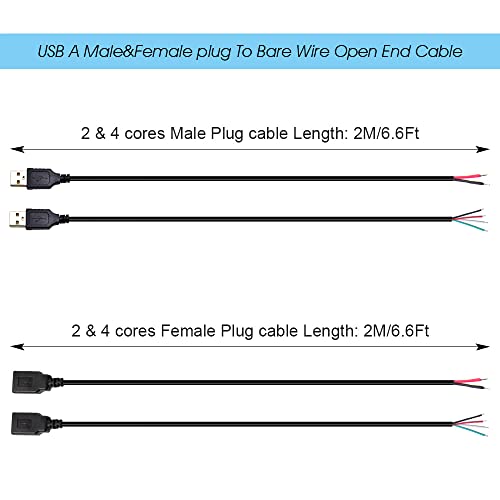 Ksopuert 2pcs USB Um plugue feminino para fio aberto Cabo de extremidade aberta 6,6 pés 200cm 5V 2.1a 2 e 4 núcleos transmissões de dados de transmissão de pigtail lina no cabo de cauda preto preto