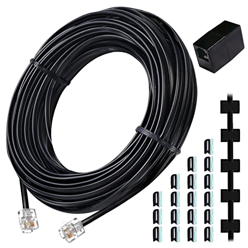 MOEVEREX CORDO DE TELEFONE DE 50 pés, cabo telefônico lineado com plugue RJ11, inclui clipes de cabo RJ11 Inline RJ11 e clipes de cabo 20pcs