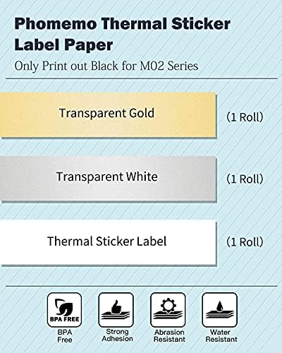 Phomemo M03 Impressora Térmica da Impressora Térmica Bluetooth Impressora Mobile com 3 Rolls White/Gold Glitter/Glitter White Glitter Paper, 53mm*3,5m, texto preto, ótimo para diário, estudo, trabalho, trabalho