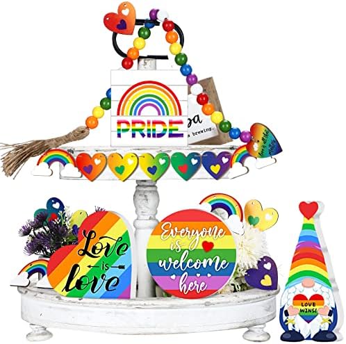 Weysat 12 PCs LGBTQ Decoração de bandeja em camadas Conjunto de madeira Decoração de bandeja em camadas de arco -íris