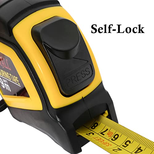 Fita de medição de bloqueio automático, métrica de fita retrátil dupla de 30 pés, escala de polegada/métrica, precisão média, para