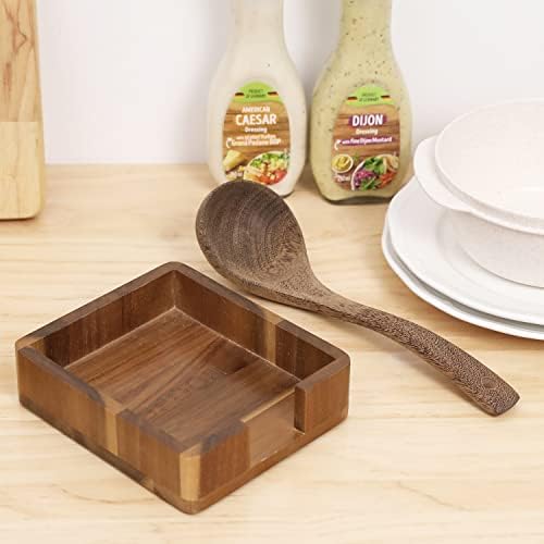 Mygift Natural Solid Acacia Wood Square Spoon Rest, suporte de utensílios de cozinha para bancada com rótulo de design de