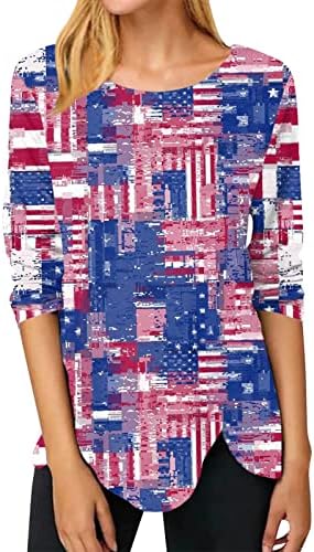 Tops de manga de sopro para mulheres, camisa de aniversário da Independência de Aniversário assimétrica Tshirts clássicos de