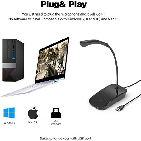 Microfone de desktop USB, condensador de plug & play, compatível com qualquer PC, laptop, Mac, PS4, 360 GOOSENECK Design com gravação