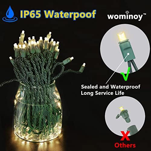 Wominoy 25ft 50 contagens Luzes de Natal LED brancas quentes - Luzes de Natal brancas de grau comercial Externo à prova d'água, luzes de cordas LED Luzes de 5 mm de largura de larga angular, luzes da árvore de Natal, IP: 65, UL