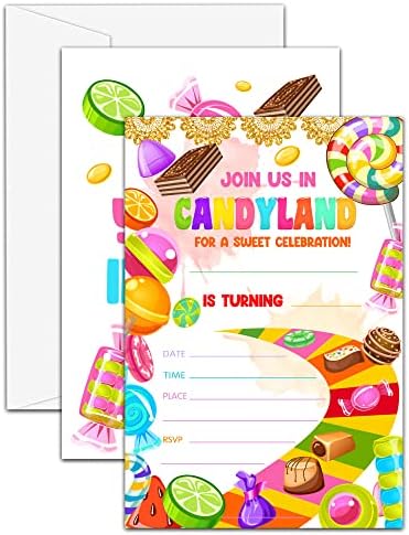 UTESG Candyland Birthday Party Convites, doces convites de aniversário de celebração para meninos meninas, decorações de festas de aniversário de doces, conjunto de 20 cartas com 20 envelopes
