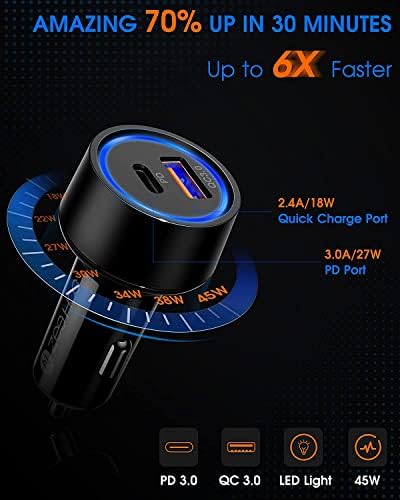Adaptador de carregador de carro, Zeehoo USB C Carregador de carro QC 3.0 e PD Porta dupla 45W Carregamento rápido para Apple iPhone