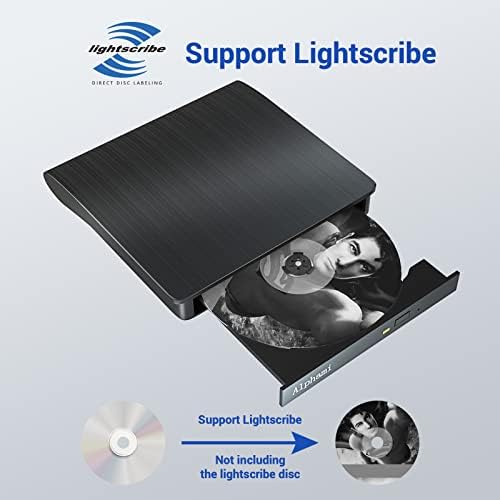 LightScribe DVD Externo DVD, USB 3.0 e tipo C Lightscribe CD DVD Burner Ultra-Slim Portátil Drive Optical CD DVD +/-