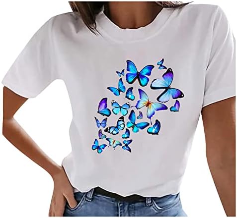 Camisa de verão para garotas adolescentes para feminino de camiseta redonda Tops Tops Butterfly Imprimir camisetas gráficas Blusa de camiseta de túnica fofa
