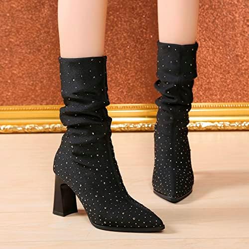 Botas de tornozelo para feminino 2022 Fall Fashion Solid Rhinestone Boot Girls Ponto Head Head Loten Booties Shoes