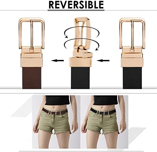 Cintos de couro reversíveis xzqtive para mulheres com fivela de metal girada cinturões de mulheres pretas/marrons
