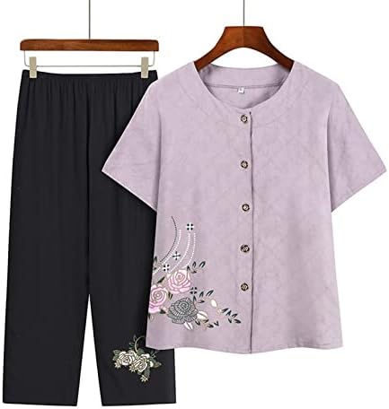 Roupas de 2 peças para mulheres plus size de verão casual camisa de manga curta e calça conjuntos idosos para mulheres confortáveis