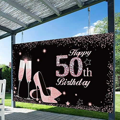 Excelloon Feliz Banner de 50º aniversário Decorações de cenário para mulheres, Rose Gold Happy de 50 anos de aniversário