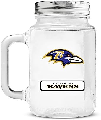 Duck House NFL Fan Shop NFL Glass Mason Jar com alça | Ótimo para beber bebidas | Tampa de aço inoxidável | Armazenamento de alimentos | Livre de BPA