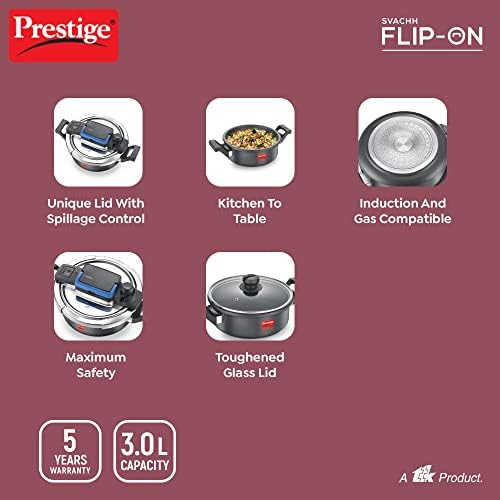 Prestige Svachh Flip-On Hard Anodized Gas and Inducation Compatible Pressure Power com tampa de vidro, 3 litros