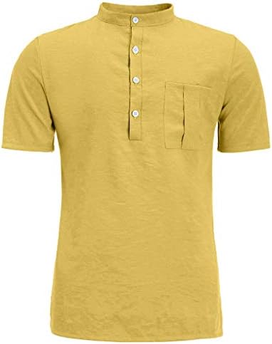 Top para linho de algodão masculino 3/4 de manga camiseta sólida camiseta dianteira camisa de bolso de bolso de colarinho foltar