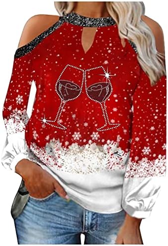 Gatxvg Womens Natal ombros frios Tops T Camisetas de manga longa Buffalo vidro de vidro de vidro de túnica de túnica
