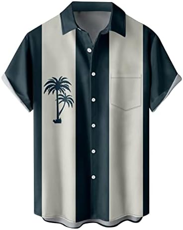 Mens camisa de boliche de rockabilly button vintage down camisa masculino retro retro 1950, manga curta aloha camisa aloha homem