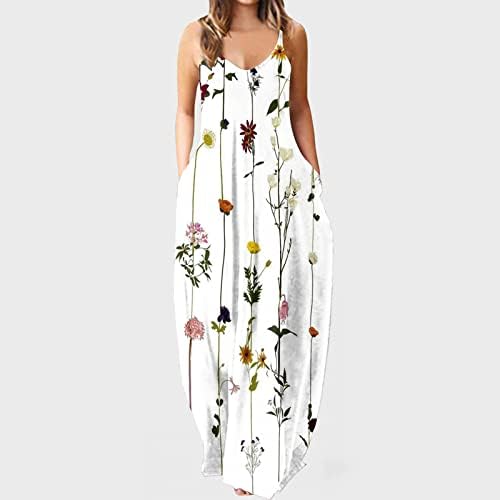 Vestidos maxi femininos Casual Floral impresso Boho Maxi Dress Summer Spaghetti Strap Dress Beach Dress Long com bolsos