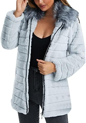 Lã artificial feminina de manga longa zíper casual com capuz solto casaco quente casaco feminino e jaqueta de lã
