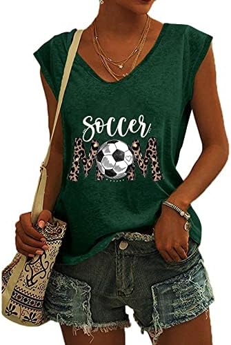 Tampo de tanque de mamãe de futebol para mulheres V Camiseta de calda de pescoço Camiseta fofa letra de leopardo impresso Mom
