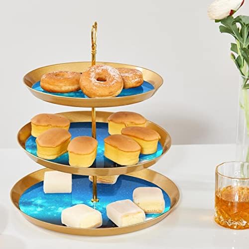 Exibir para pastelaria com 3 bandeja de porção redonda em camadas, suporte da árvore da torre de cupcakes azuis, massa de sobremesa de pisca
