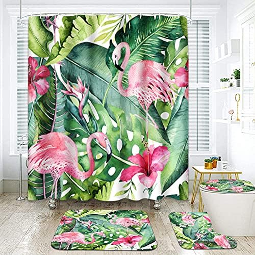 Conjuntos de cortinas de chuveiro de 4 peças Britimes, com 12 ganchos, flamingo tropical de folhas com tapetes não deslizantes,