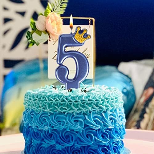 UVTQSSP 3,54 polegadas 5º Velas de aniversário azul Glitter Número 5 Candle de bolo com coroa, Bolo Topper Decoration for Birthday
