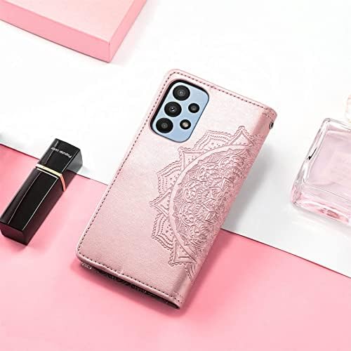 Carteira Ysnzaq Tipo com suporte de manga de cartão Proteção Tampa de protetora Mandala em relevo TPU Couro Anti-deslocamento Caixa Telefone de Personalidade à prova de choque para Samsung Galaxy A23 MTL Gold Rose Gold