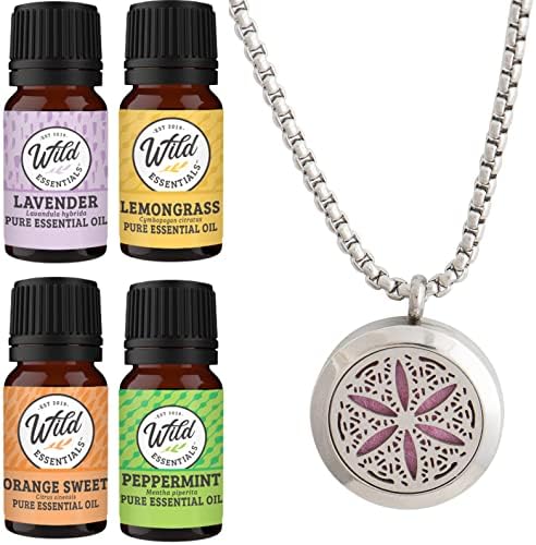 Wild Essentials Flower of Life Colar Kit, lavanda, capim -limão, hortelã -pimenta, óleos de laranja, 12 almofadas de recarga, conjunto de presentes de aromaterapia calmante, mudança de cor personalizável, perfume