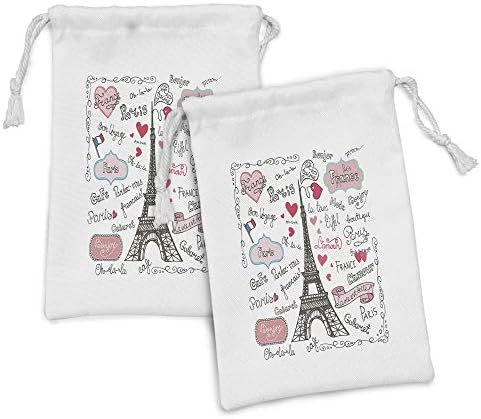 Ambesonne Eiffel Tower Fabric bolsa Conjunto de 2, Paris Lettering Heart Shapes Flag Ornamental Sketchy Doodle, Small Saco