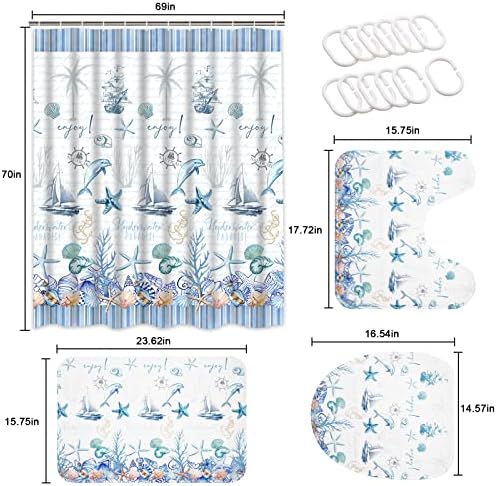 Cortina de chuveiro costeiro náutica de Claswcalor com tapete não deslizante, tampa do banheiro e tapete de banho, cortina de chuveiro