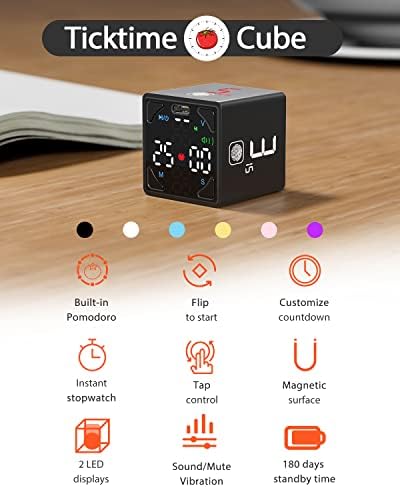 Ticktime Cube Pomodoro Timer, Timer de produtividade, pausa e currículo, mudo, vibração e alerta de som ajustável, para tarefa, trabalho, TDAH, add, reunião, 1/3/5/10/15/25/2010/60min e contagem regressiva - Preto