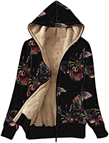 Borboletas de cozimento espessadas femininas imprimem as borboletas impressas de lã de lã forrada com capuz de jaqueta de