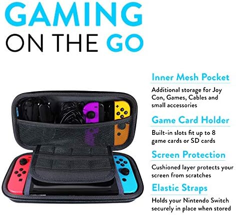 Tudia Eva Travel Transporting Case projetada para Nintendo Switch, Caso de proteção de concha dura se encaixa no console do Nintendo Switch, cartas de jogo, carregador e acessórios - preto