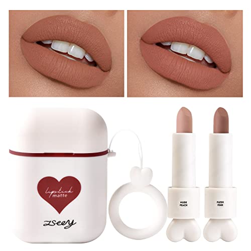 Lipstick da forma do fone de ouvido ZSEEY, conjunto de maquiagem de batom fosco de cores nude, 2pcs/defina à prova d'água d'água de veludo duradouro hidratante mancha lábio de cor de cor dupla de cor, kit de presente de lábios de copo antiaderente para meninas