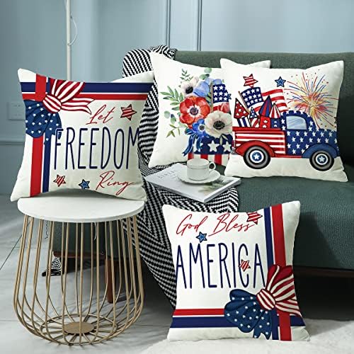 Dia da Independência Deus abençoe a América Let Freedom Ring Throe Capas de travesseiro, 18 x 18 polegadas 4 de julho Independence Memorial Day Caso Patriótico Caso para sofá Couch Set de 4