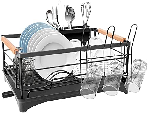 Rack de secagem de pratos G, prato de prato para balcão de cozinha, esgotador à prova de ferrugem com tábua de secagem e suporte de utensílios para o armário do balcão da cozinha, 16,6 ”L × 12,6” W × 7,8 ”h, preto