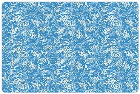 Ambesonne Ocean Pet Tapete para comer e água, padrão náutico com algas marinhas de coral e arte monótona de coral, tapete de borracha não deslizante para cães e gatos, 18 x 12, azul branco azul