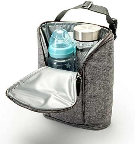 Ethan & Emma Baby Bottle Bag | Porta de bebê cinza, isolada e de bebê com armazenamento extra | Fácil de transportar, limpar, abrir e anexar | Acessório de viagem perfeito para manter frio ou quente, comida de bebê, garrafas