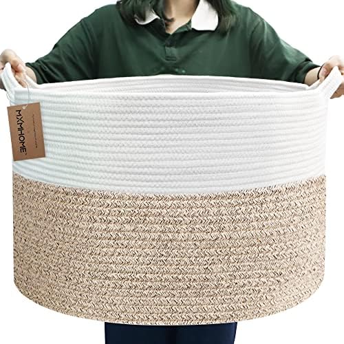 MXMHome Blanket Basket Sala de estar - 23,6 ”x 23,6” x 14,1 ”cesta de armazenamento de corda de algodão extra grande, cesta de brinquedos